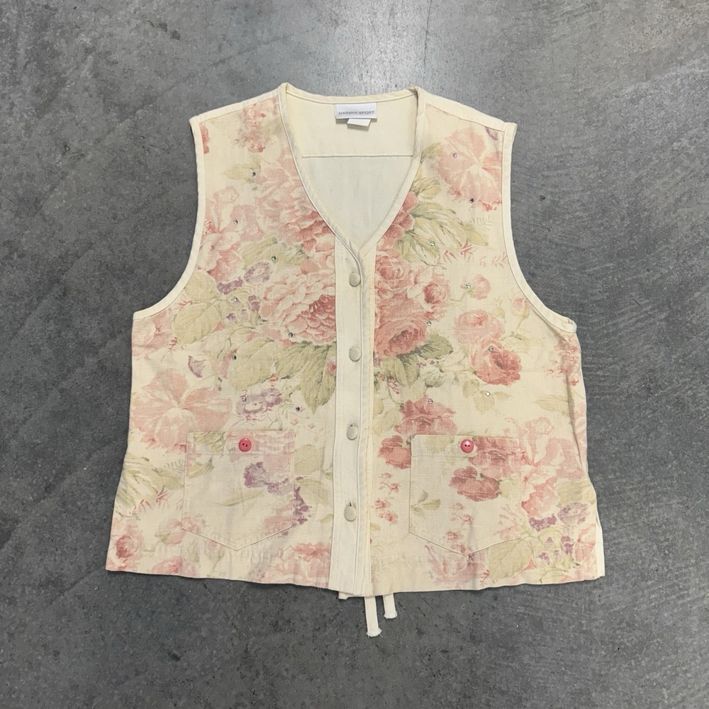 Vintage Floral Vest Marsha Sport Women's M Rhinestone Button Cotton Cottagecore